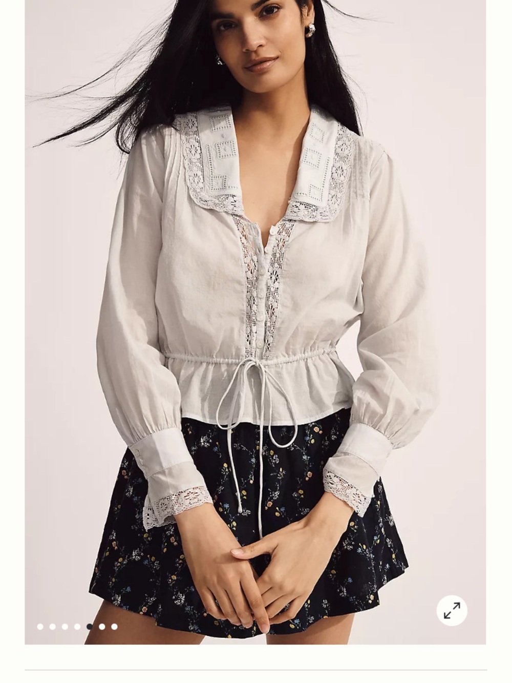 By Anthropologie Lace-Placket Long-Sleeve Blouse Boho Light Blue XL With Details